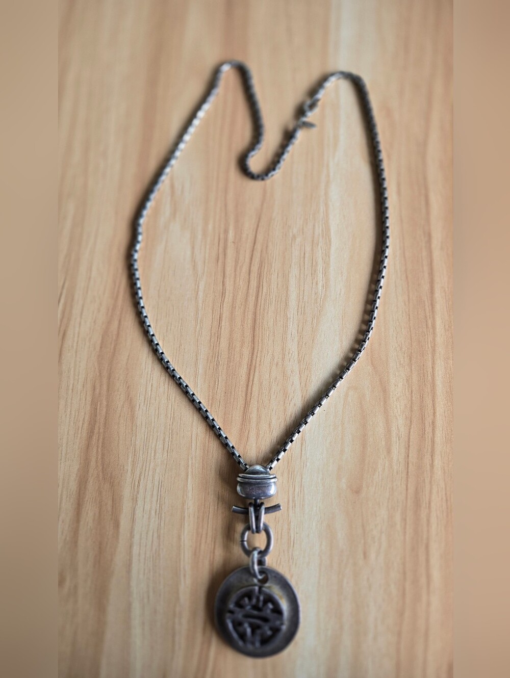 Chico's Asian Inspired Medallion Long Silvertone Necklace Shou Wealth Longevity